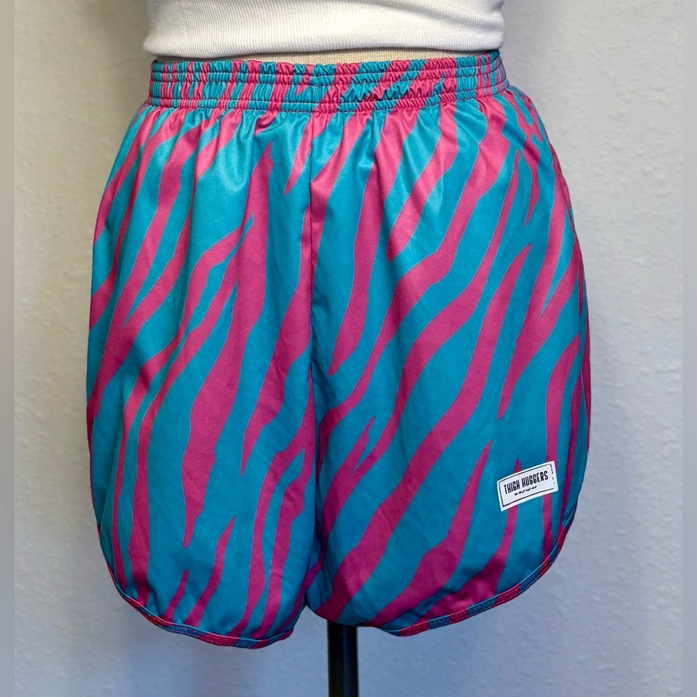 Athletic Zebra-Print Running Shorts in Teal & Pink - Sz XL